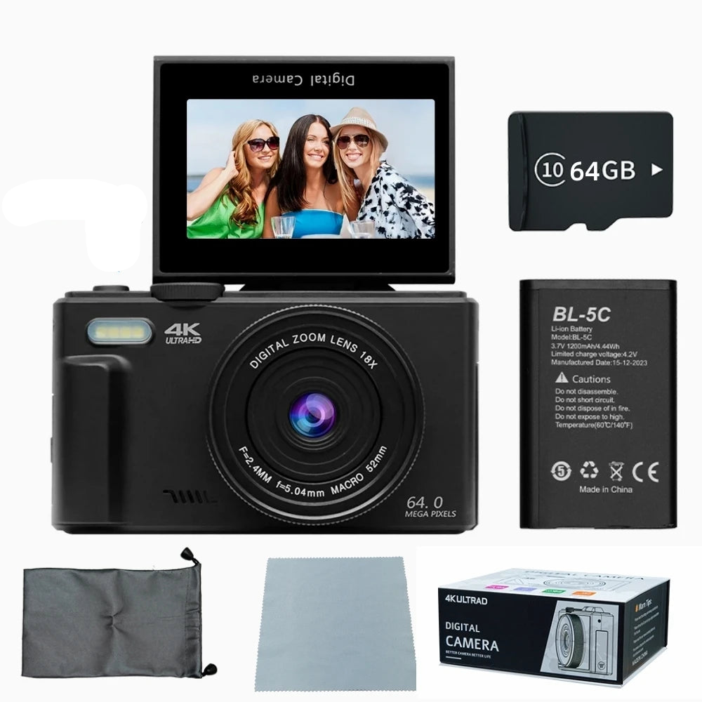 NNEOBA 4K Digital Camera for Photography 64MP Vlogging Black
